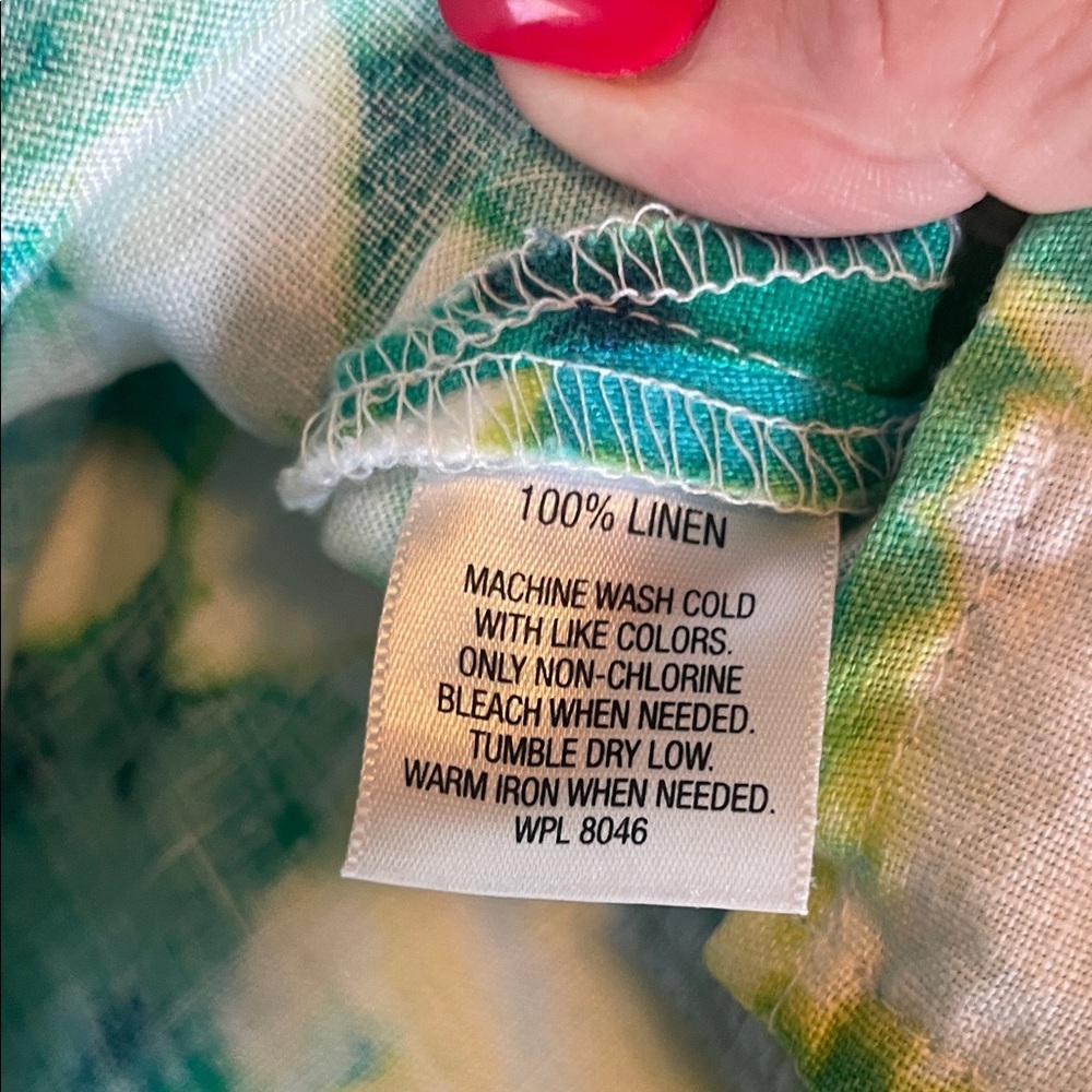 JM Collection Green and White Patterned Blouse 💯 Linen - Picture 3 of 6
